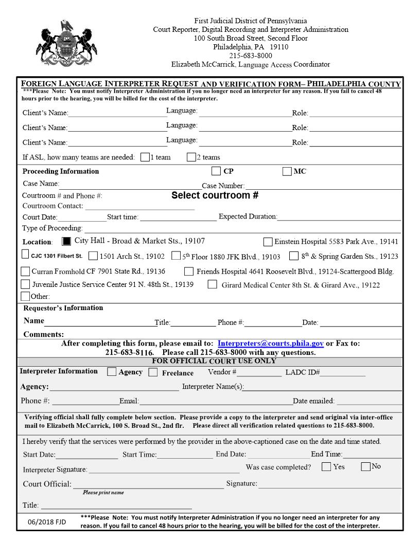 Foreign Language Interpreter Request And Verification Form | Pdf Fpdf Docx | Pennsylvania
