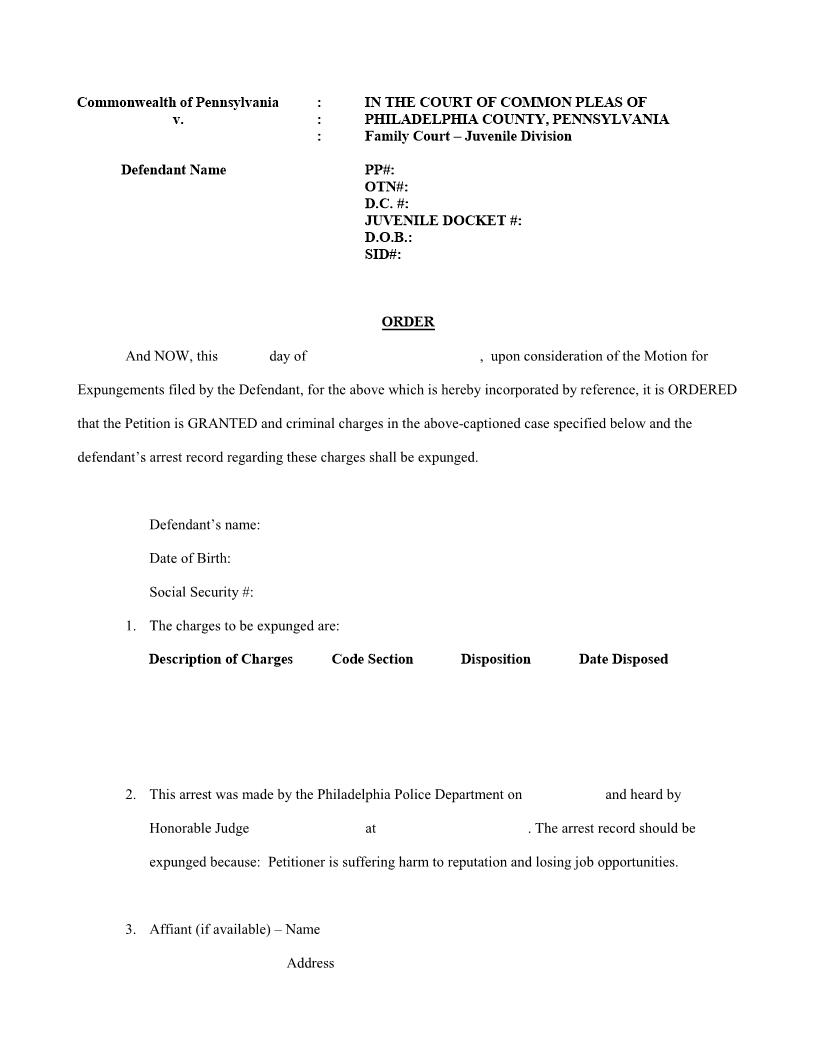 Order (Petition To Expunge Juvenile Record) | Pdf Fpdf Docx | Pennsylvania