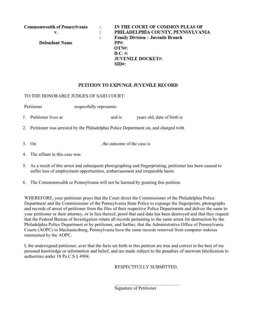 Petition To Expunge Juvenile Record | Pdf Fpdf Docx | Pennsylvania