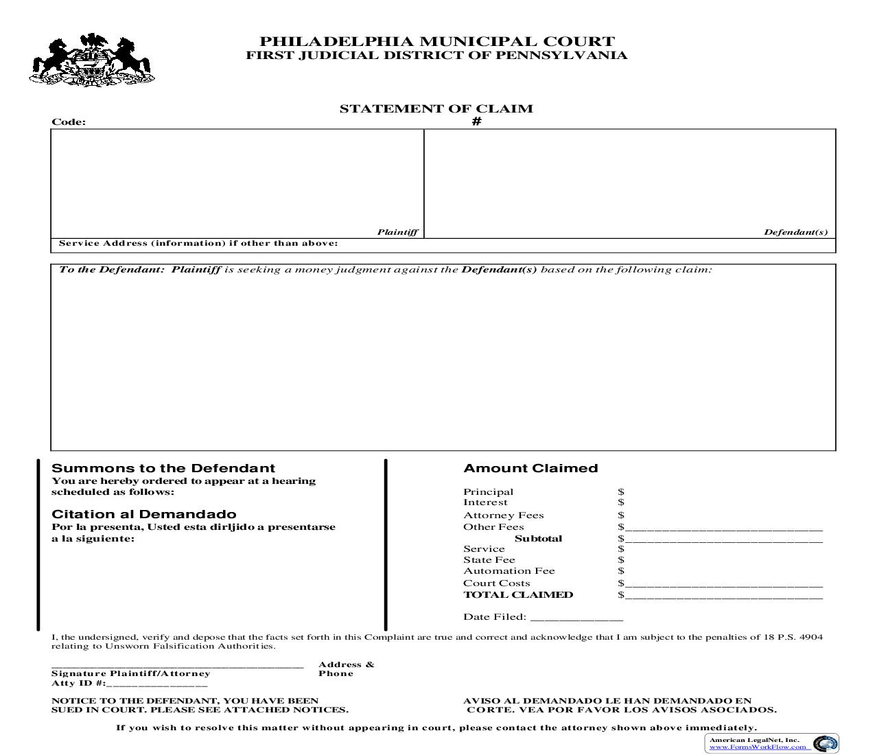 Statement Of Claim | Pdf Fpdf Doc Docx | Pennsylvania