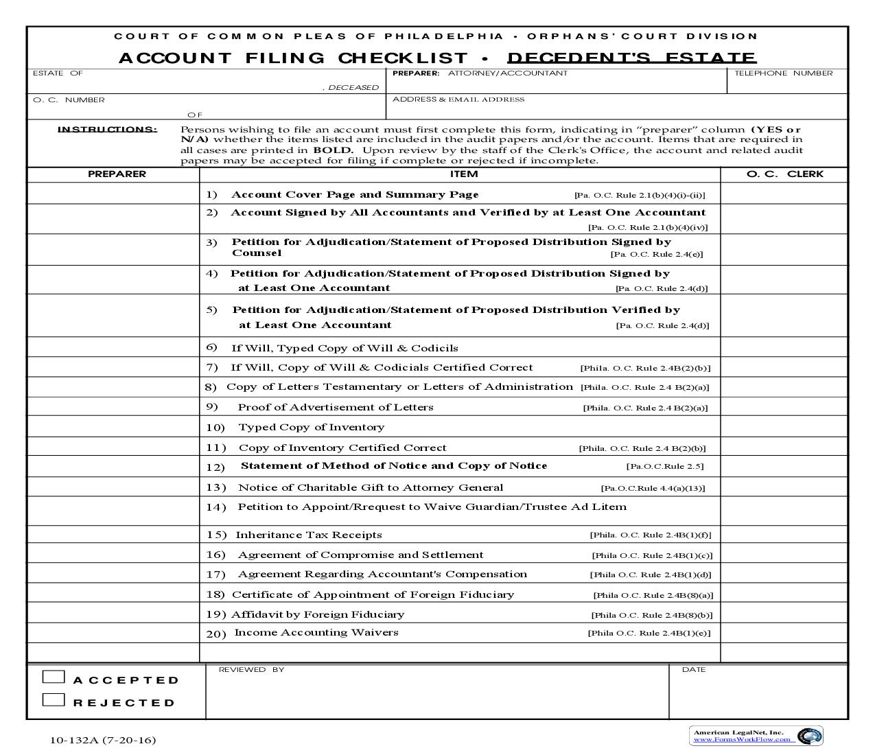 Account Filing Checklist - Decedents Estate {10-132A} | Pdf Fpdf Doc Docx | Pennsylvania