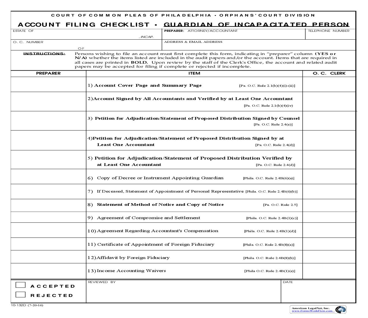 Account Filing Checklist - Guardian Of Incapacitated Person {10-132D} | Pdf Fpdf Doc Docx | Pennsylvania
