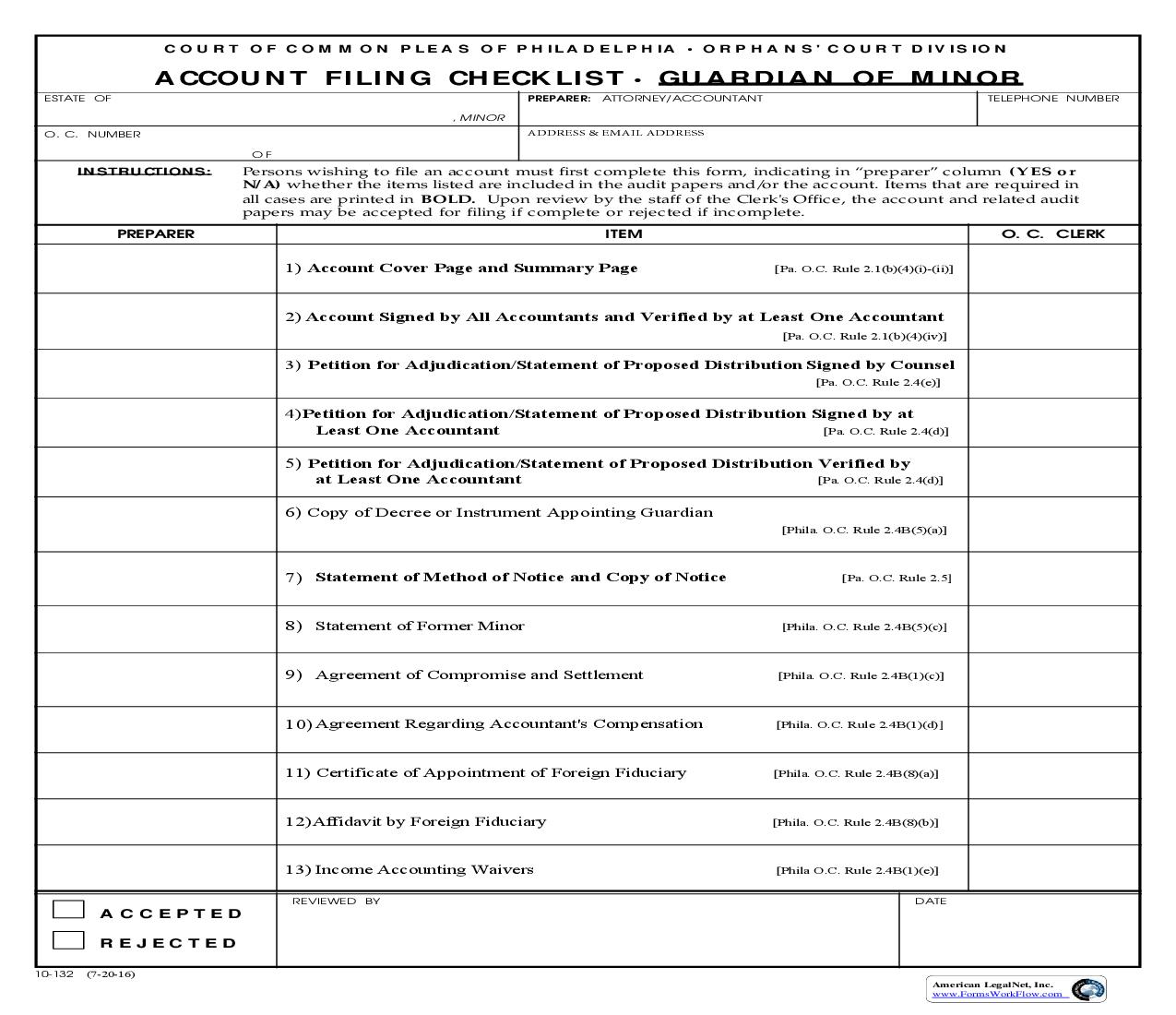 Account Filing Checklist - Guardian Of Minor {10-132} | Pdf Fpdf Doc Docx | Pennsylvania