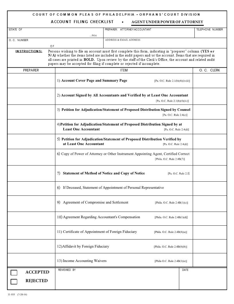 Account Filing Checklist - Power Of Attorney {11-033} | Pdf Fpdf Docx | Pennsylvania