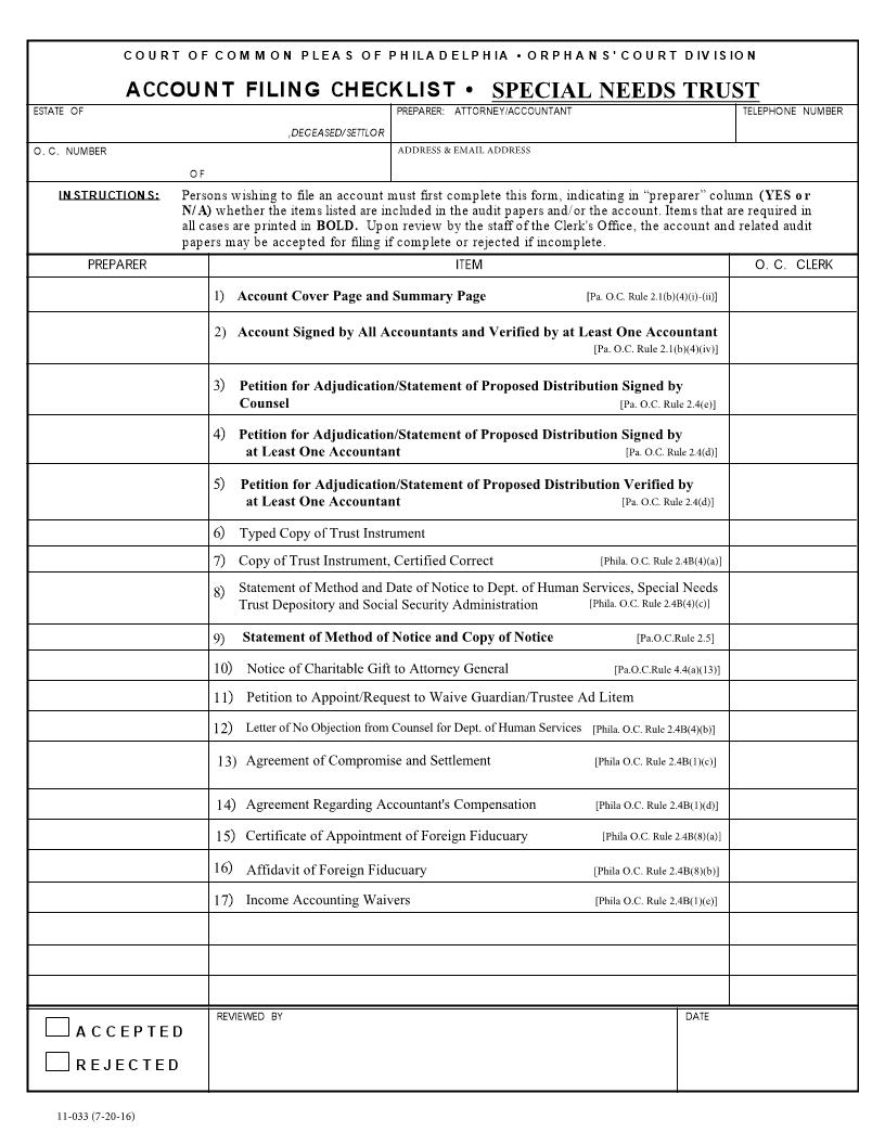 Account Filing Checklist - Special Needs Trust {11-033B} | Pdf Fpdf Docx | Pennsylvania