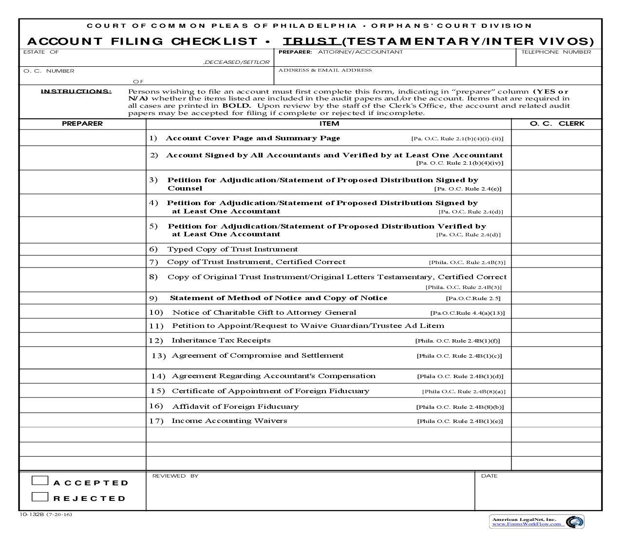 Account Filing Checklist - Trust Testamentary Or Intervivos {10-132B} | Pdf Fpdf Doc Docx | Pennsylvania