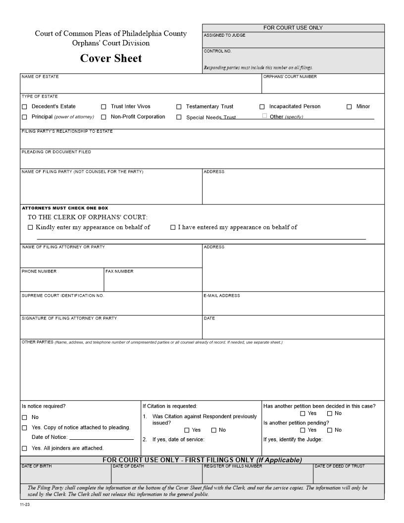 Cover Sheet (Orphans Court) | Pdf Fpdf Docx | Pennsylvania