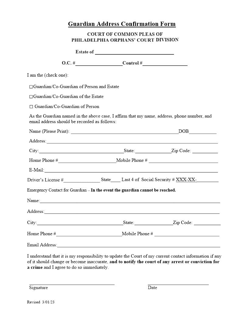 Guardian Address Confirmation | Pdf Fpdf Docx | Pennsylvania