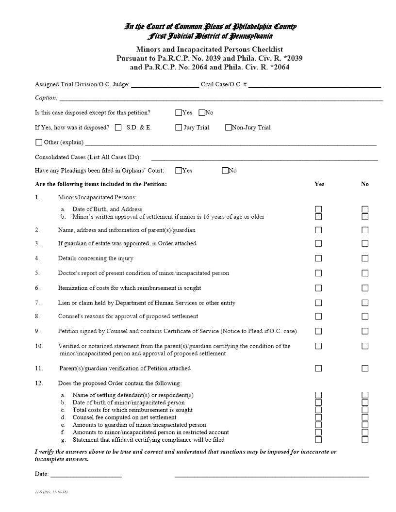 Minors And Incapacitated Persons Checklist | Pdf Fpdf Docx | Pennsylvania