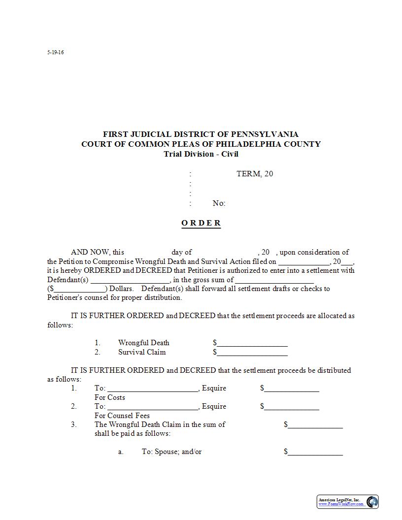 Order (Petition To Compromise Wrongful Death And Survival Action) | Pdf Fpdf Docx | Pennsylvania
