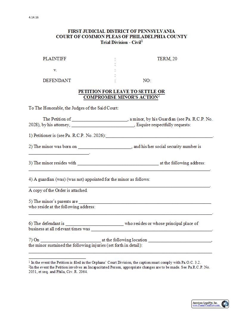 Petition For Leave To Settle Or Compromise Minors Action | Pdf Fpdf Docx | Pennsylvania