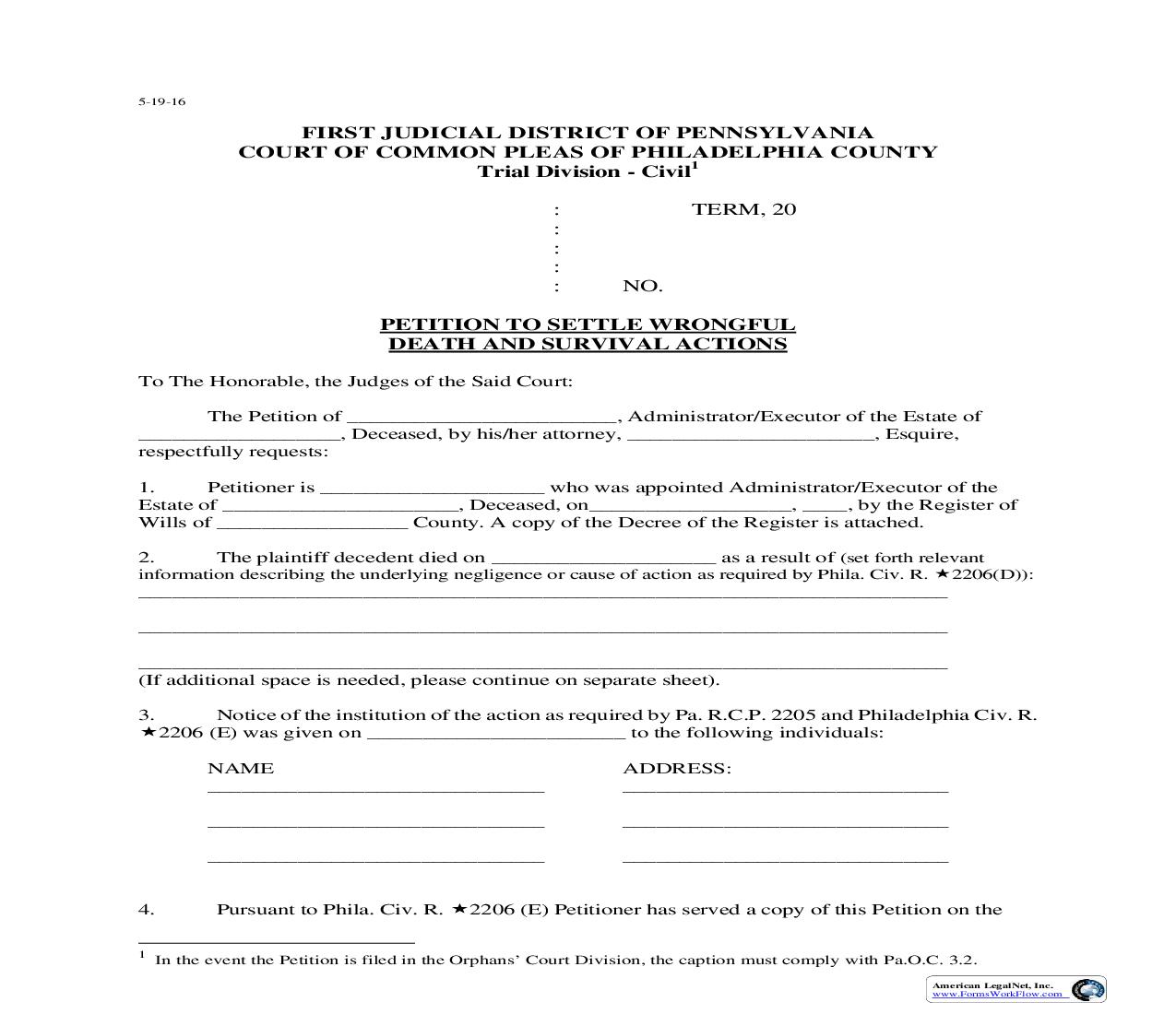Petition To Settle Wrongful Death And Survival Actions | Pdf Fpdf Doc Docx | Pennsylvania