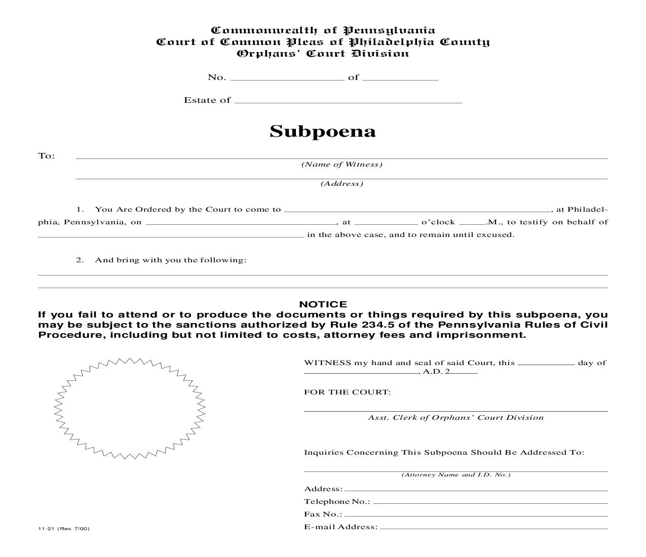 Subpoena {11-21} | Pdf Fpdf Doc Docx | Pennsylvania