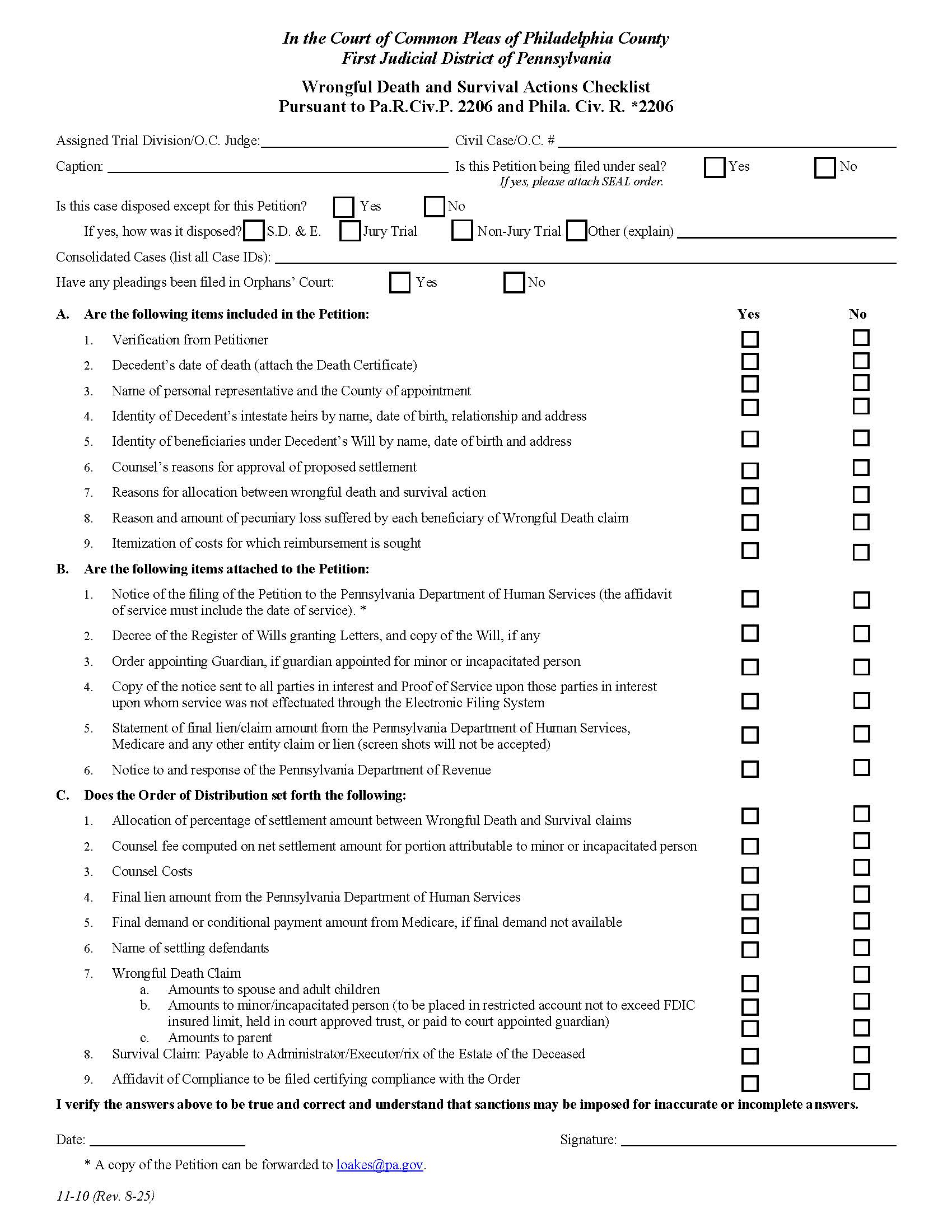 Wrongful Death And Survival Actions Checklist {11-10} | Pdf Fpdf Doc Docx | Pennsylvania