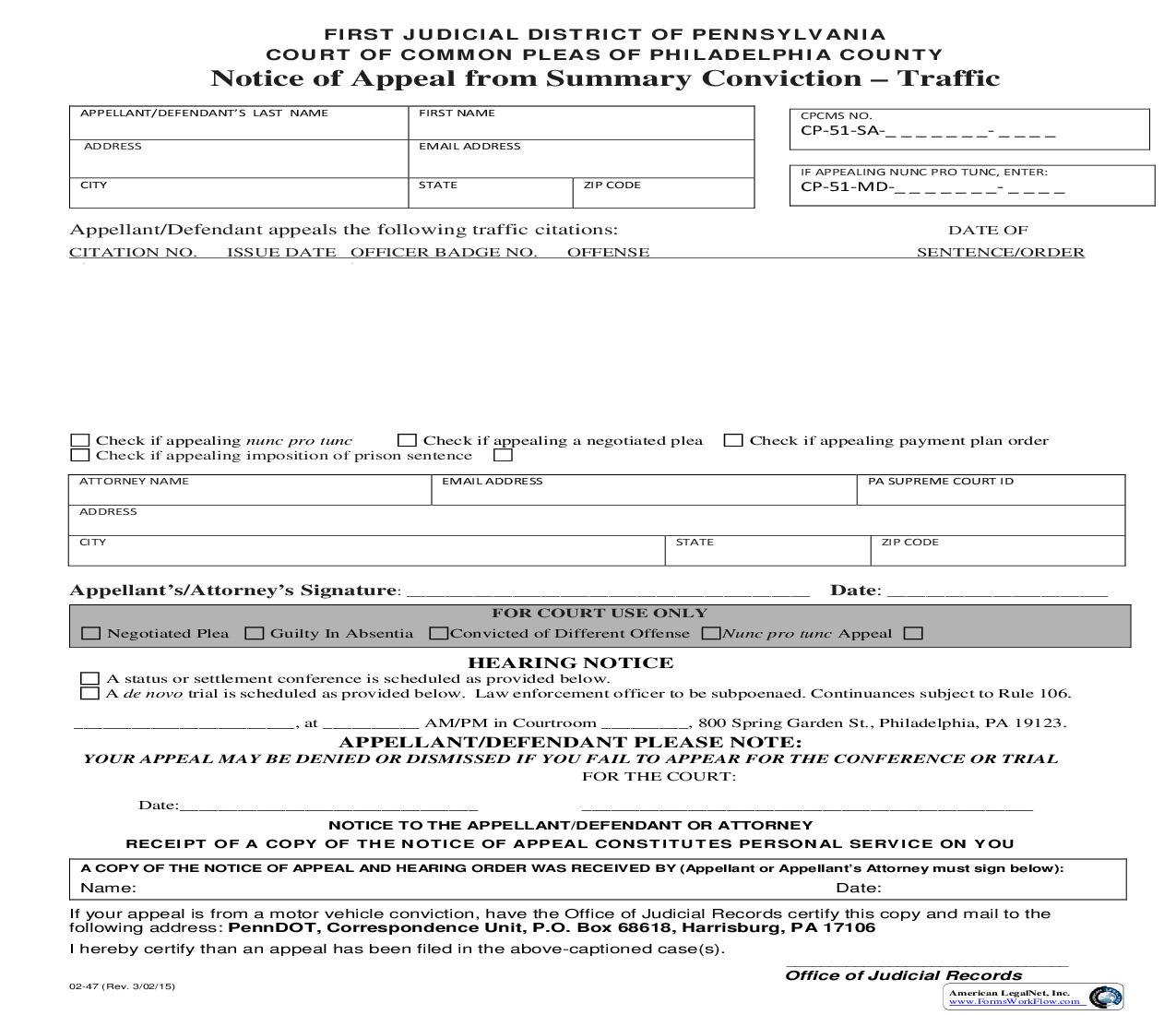 Notice Of Appeal From Summary Conviction-Traffic | Pdf Fpdf Doc Docx | Pennsylvania