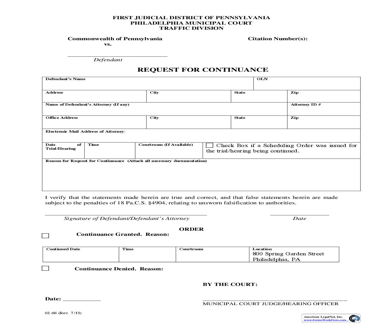 Request For Continuance | Pdf Fpdf Doc Docx | Pennsylvania