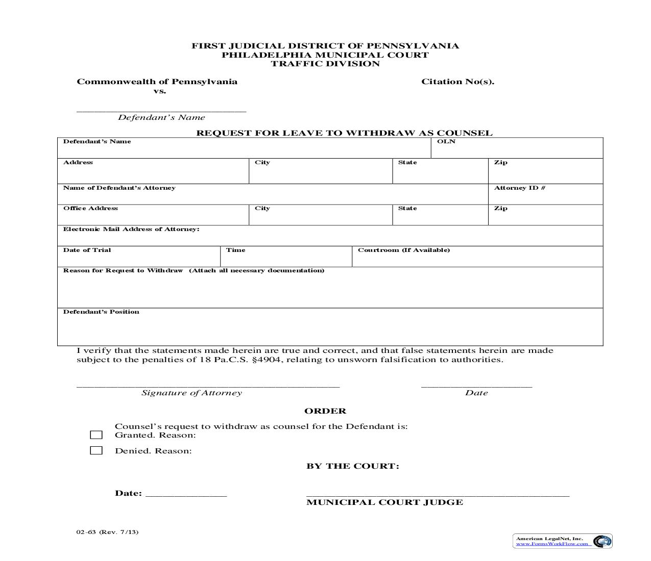 Request For Leave To Withdraw As Counsel | Pdf Fpdf Doc Docx | Pennsylvania