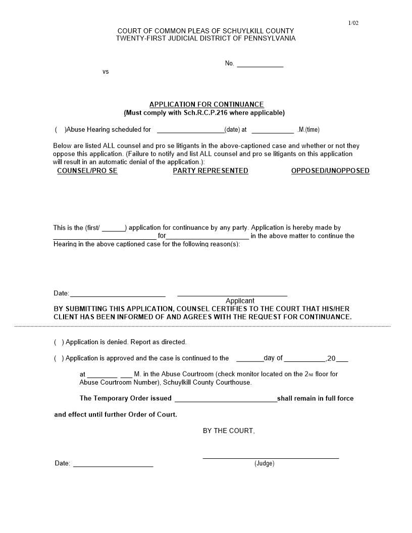 Application For Continuance | Pdf Fpdf Doc Docx | Pennsylvania