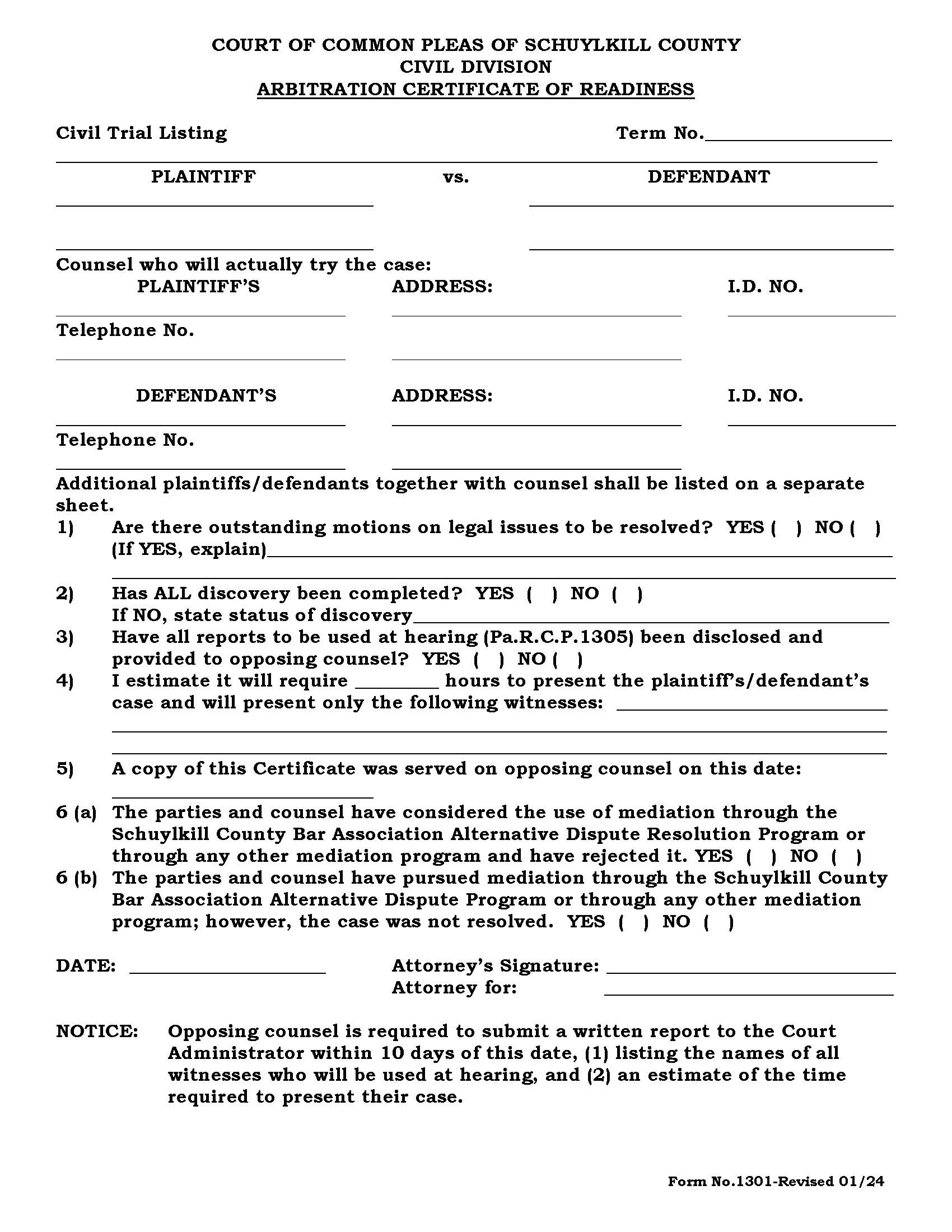 Arbitration Certificate Of Readiness {1301} | Pdf Fpdf Doc Docx | Pennsylvania