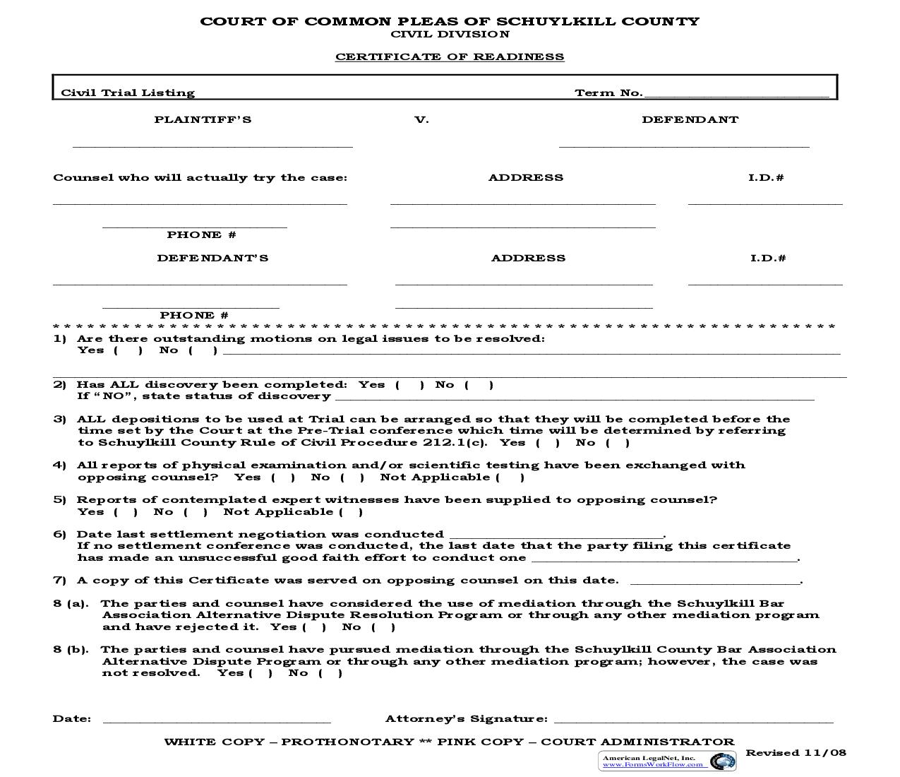 Certificate Of Readiness | Pdf Fpdf Doc Docx | Pennsylvania