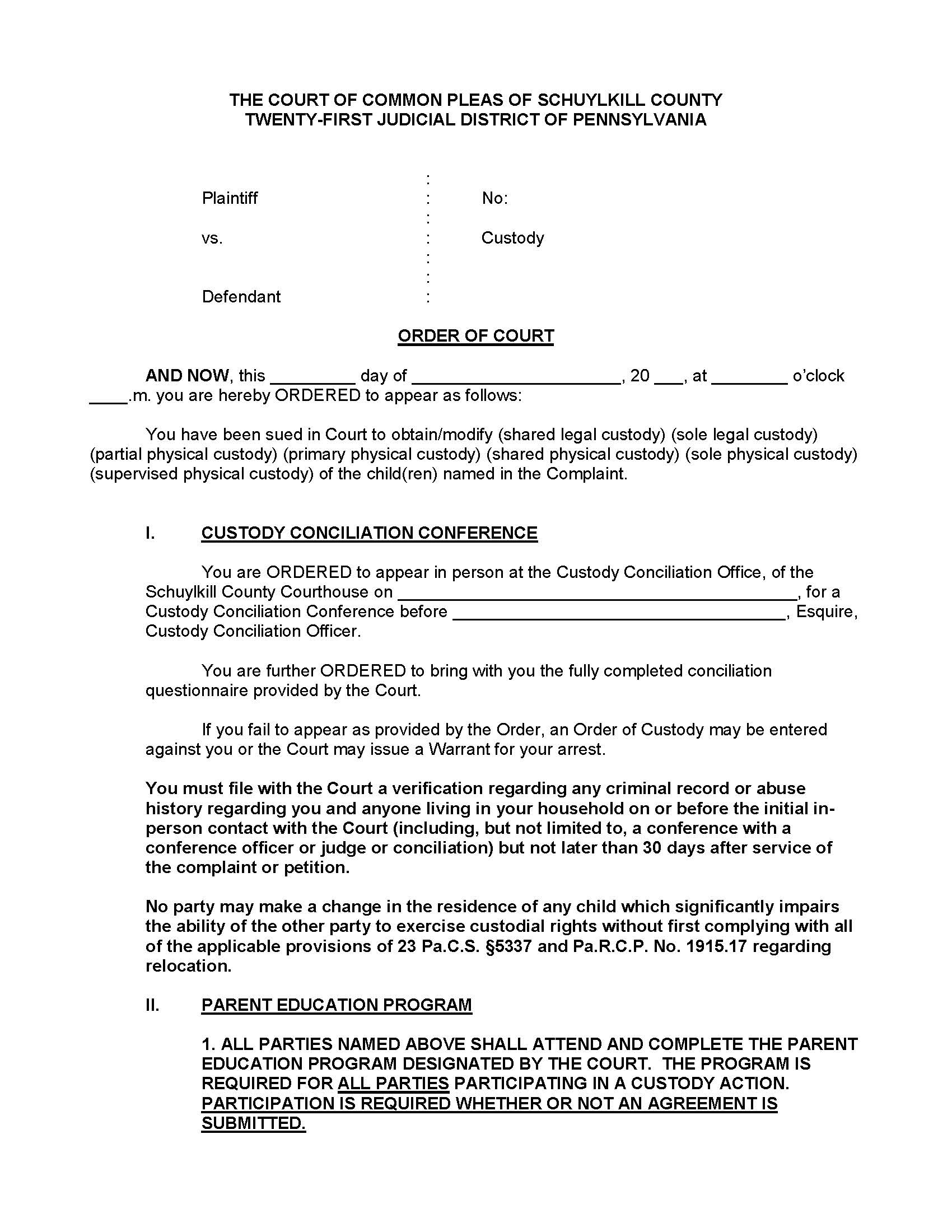 Order Of Court (Custody) | Pdf Fpdf Docx | Pennsylvania