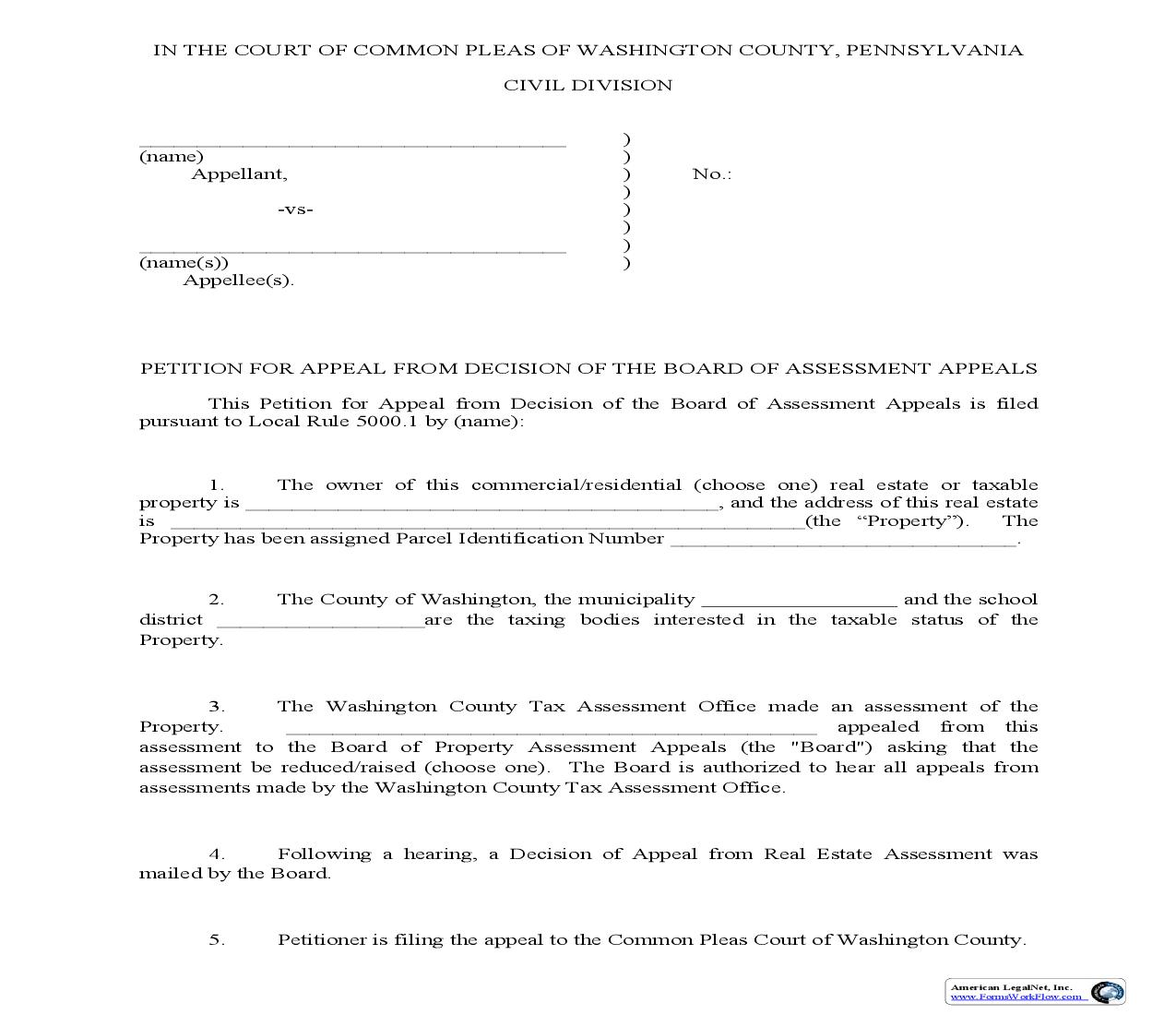 Petition For Appeal From Decision Of The Board Of Assessment Appeals | Pdf Fpdf Doc Docx | Pennsylvania