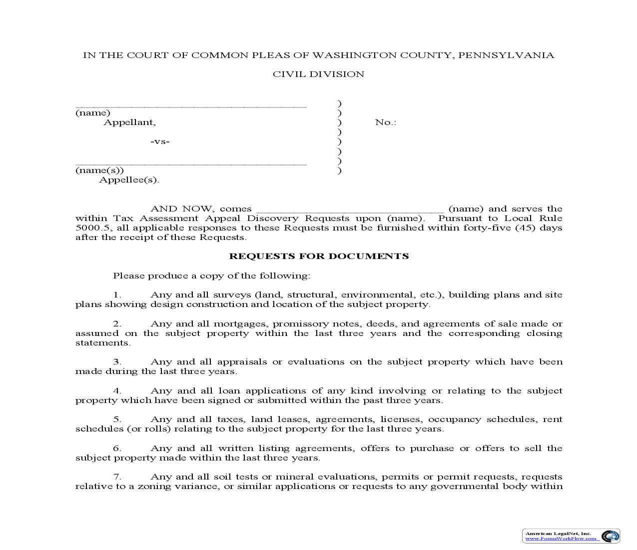 Tax Assessment Appeal Discovery Requests | Pdf Fpdf Doc Docx | Pennsylvania