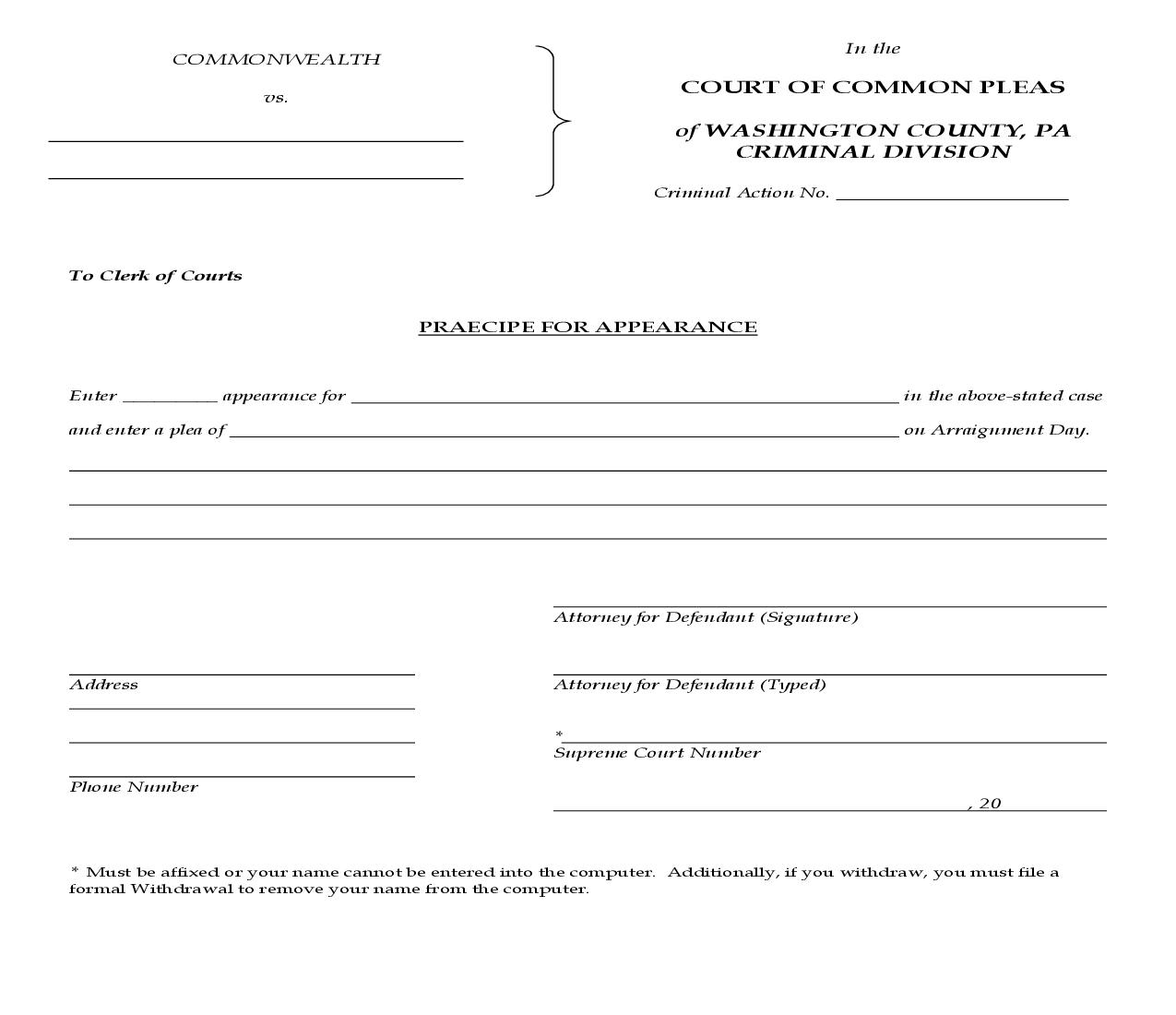 Praecipe For Appearance | Pdf Fpdf Doc Docx | Pennsylvania