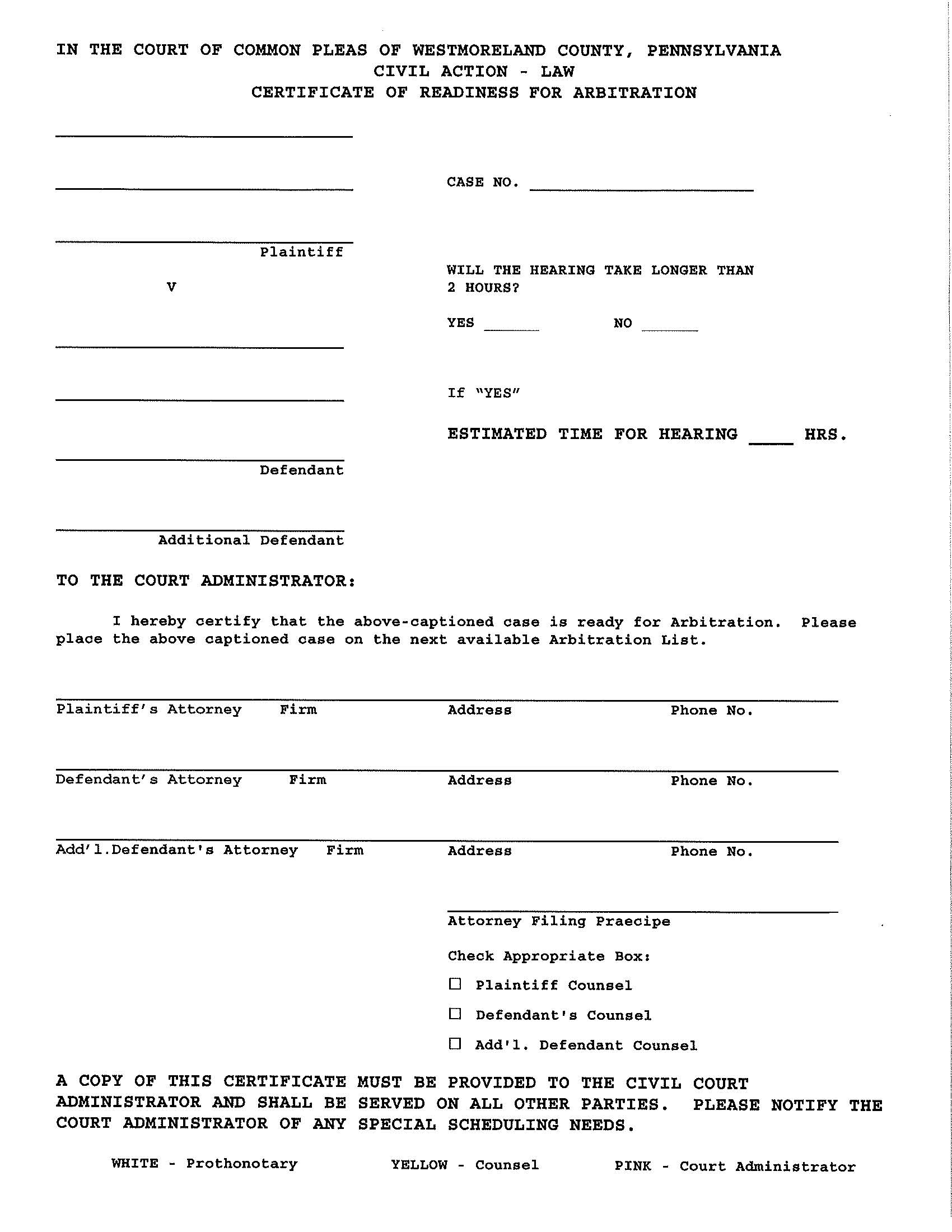 Certification Of Readiness For Arbitration | Pdf Fpdf Doc Docx | Pennsylvania