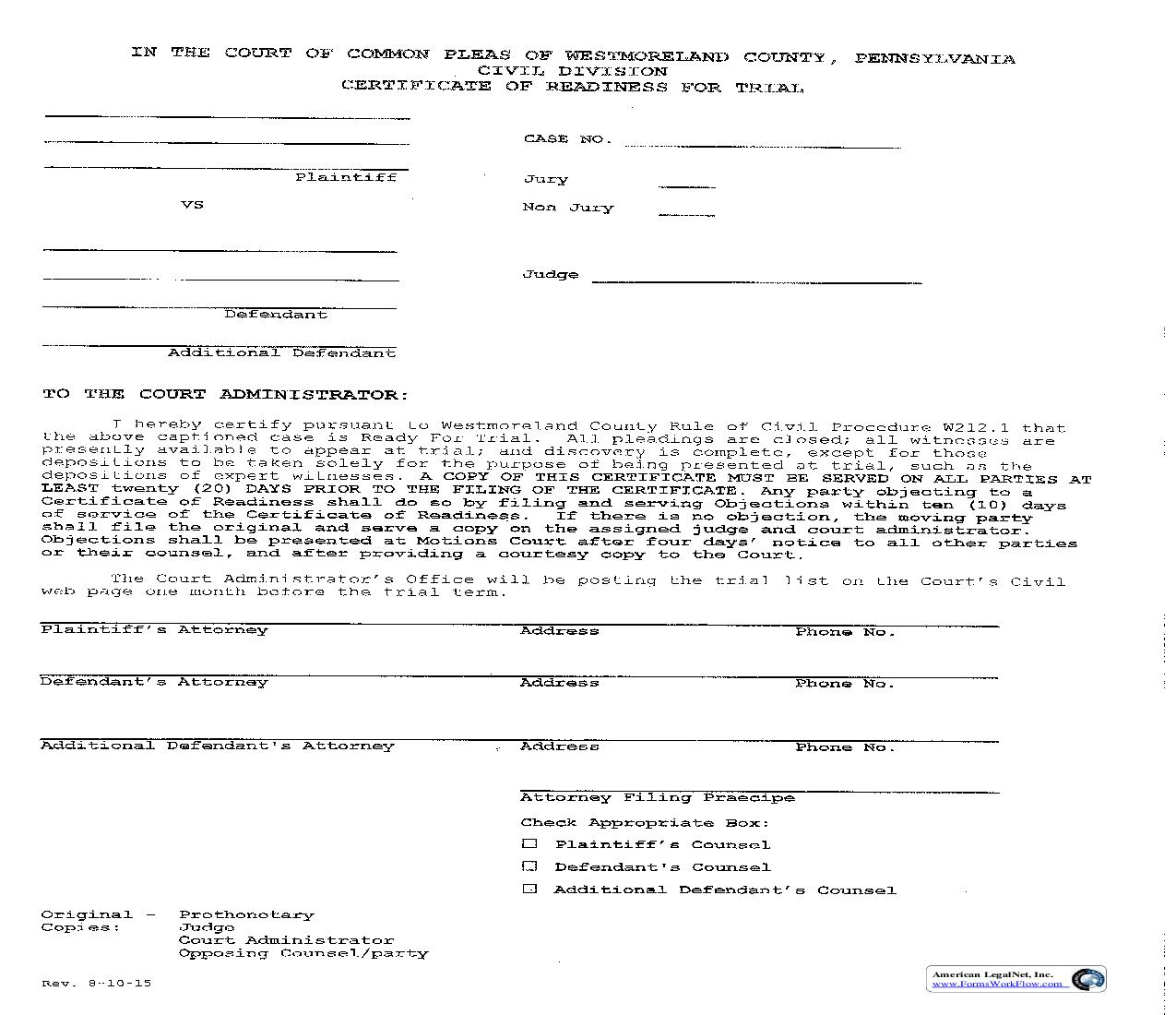 Certification Of Readiness For Trial | Pdf Fpdf Doc Docx | Pennsylvania