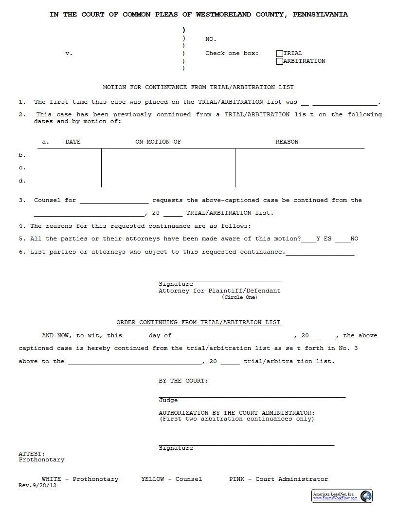 Motion For Continuance From Trial Arbitration List | Pdf Fpdf Docx | Pennsylvania