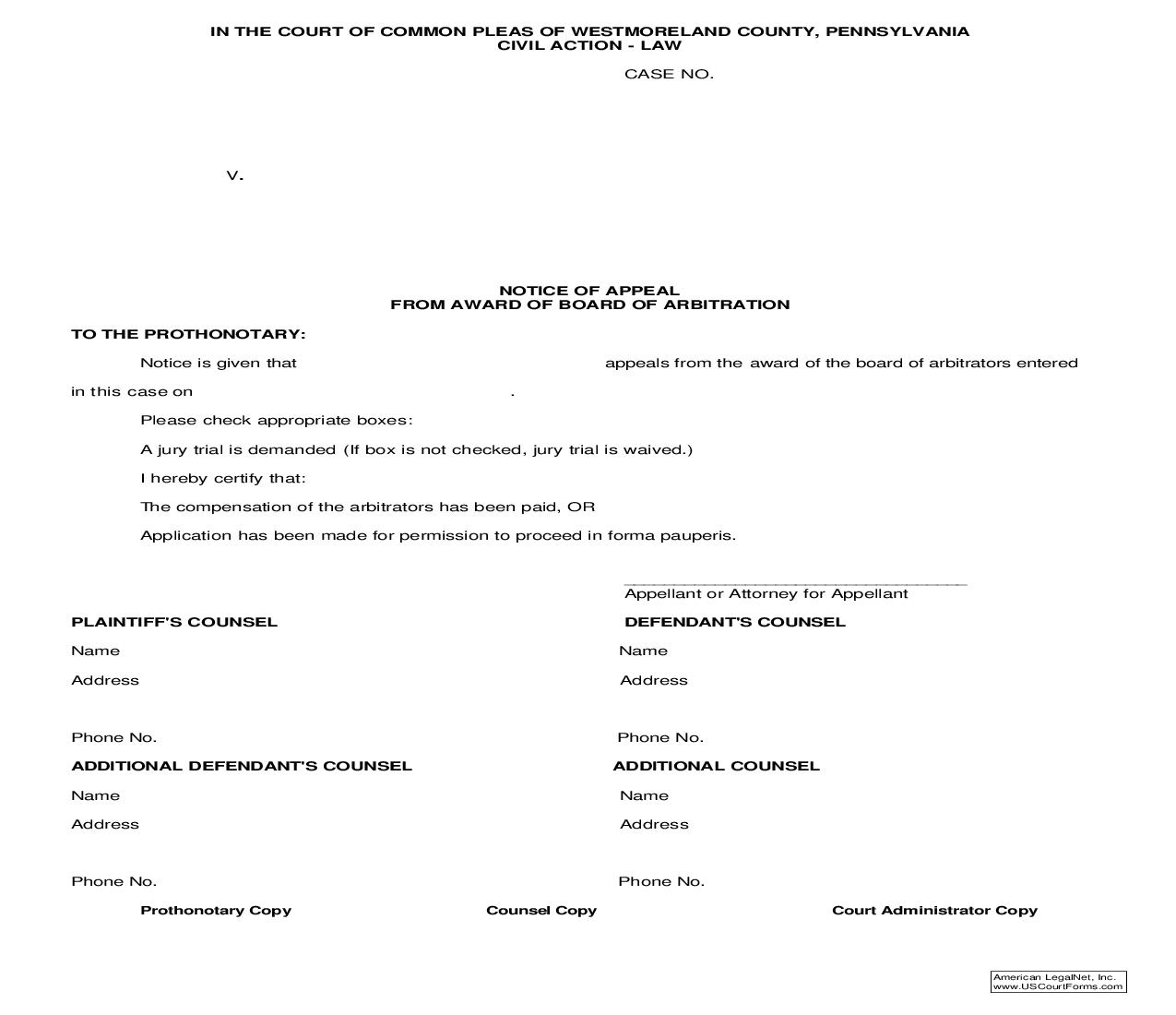 Notice Of Appeal (From Award Of Board Of Arbitration) | Pdf Fpdf Doc Docx | Pennsylvania