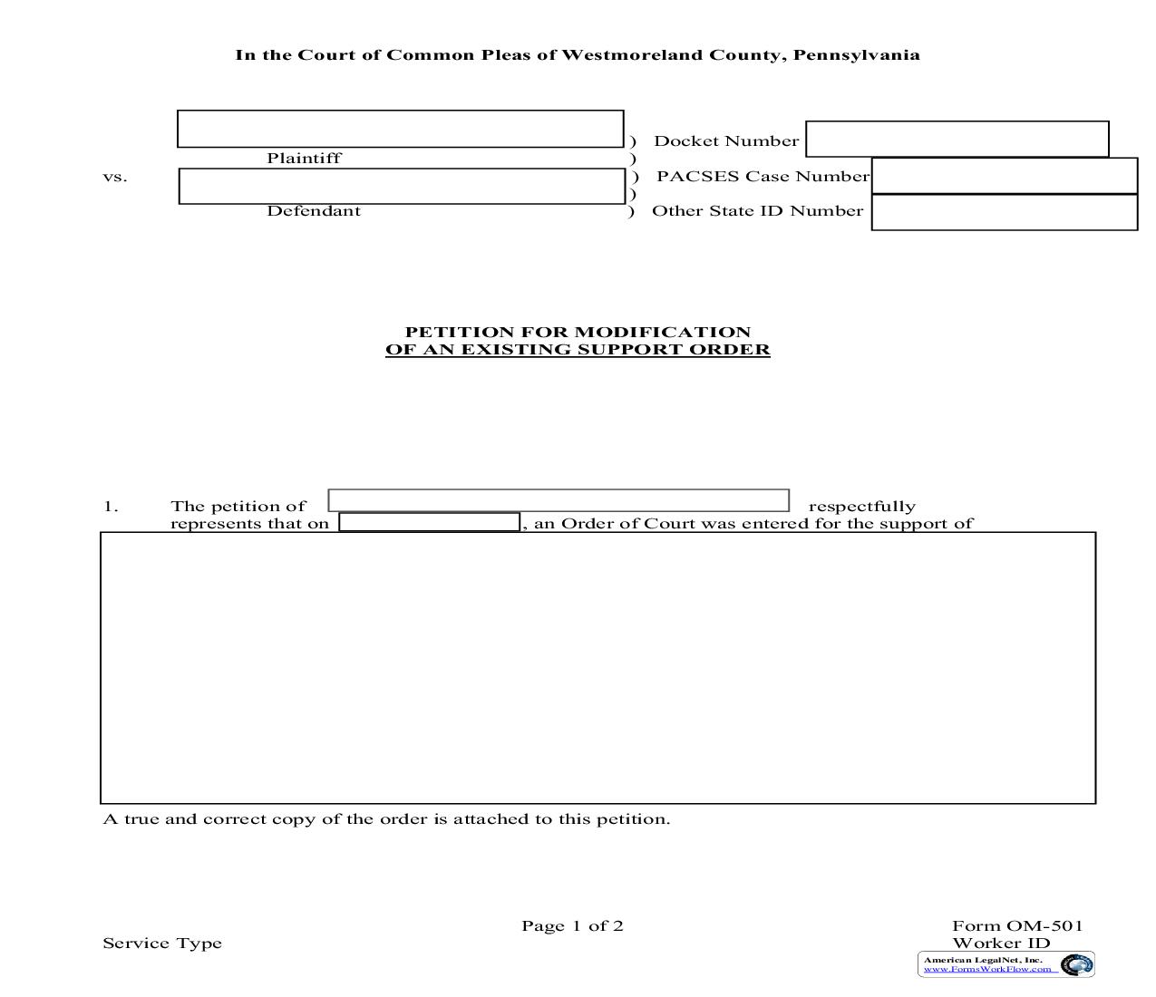 Pettition For Modification Of An Existing Support Order {OM-501} | Pdf Fpdf Doc Docx | Pennsylvania
