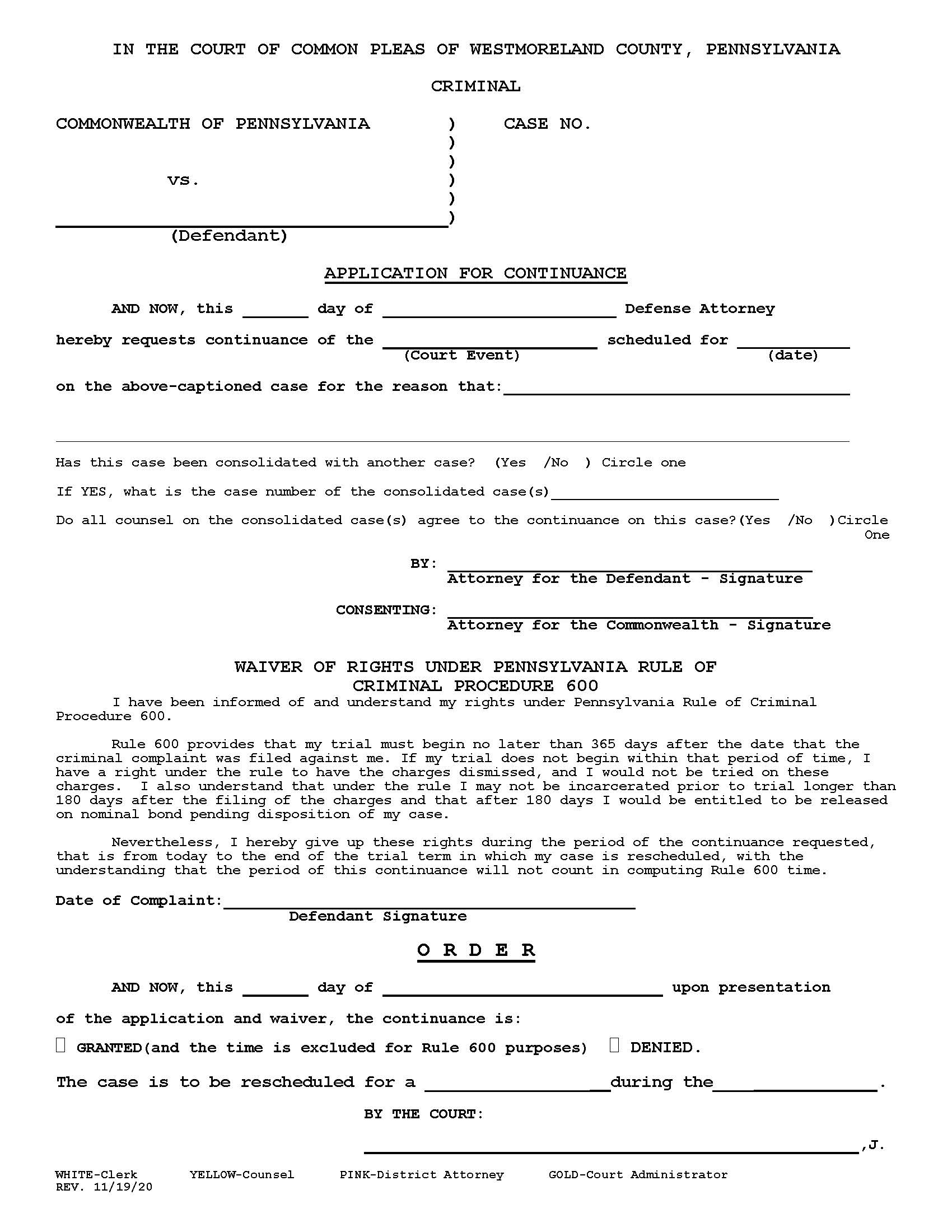 Application For Continuance | Pdf Fpdf Doc Docx | Pennsylvania