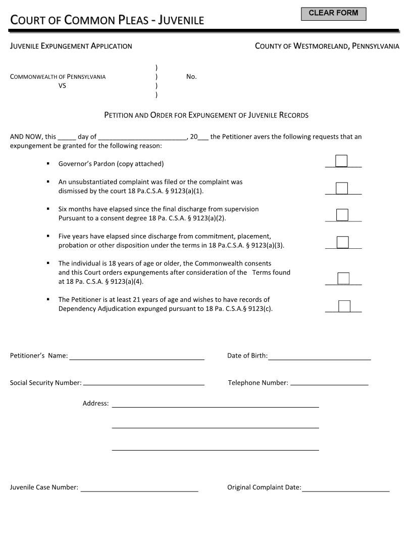 Juvenile Expungement Application | Pdf Fpdf Docx | Pennsylvania