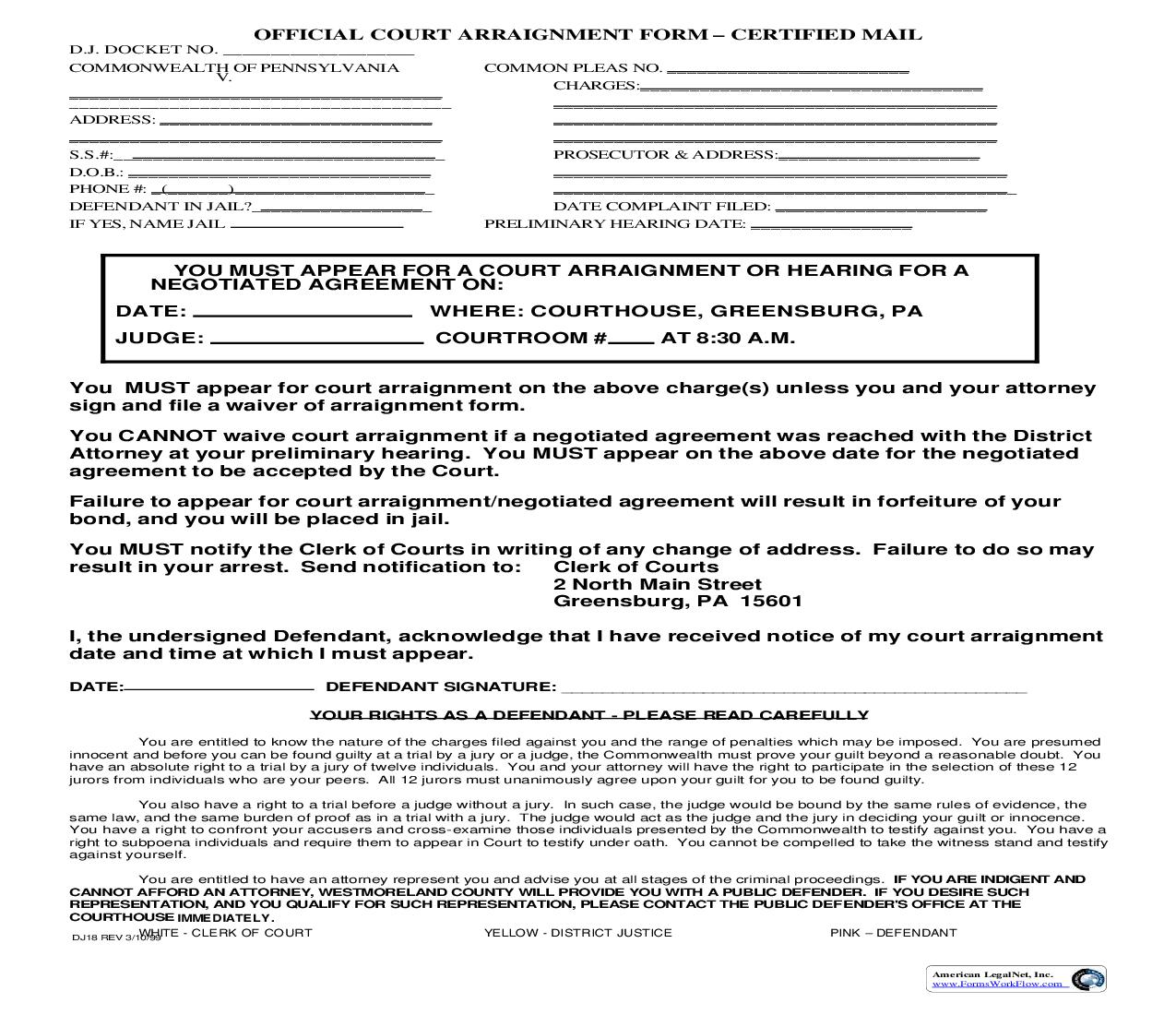 Official Court Arraignment Form | Pdf Fpdf Doc Docx | Pennsylvania