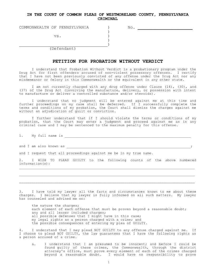 Petition For Probation Without Verdict | Pdf Fpdf Doc Docx | Pennsylvania