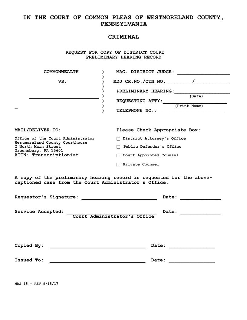 Request For Copy Of Peliminary Hearing Record | Pdf Fpdf Docx | Pennsylvania