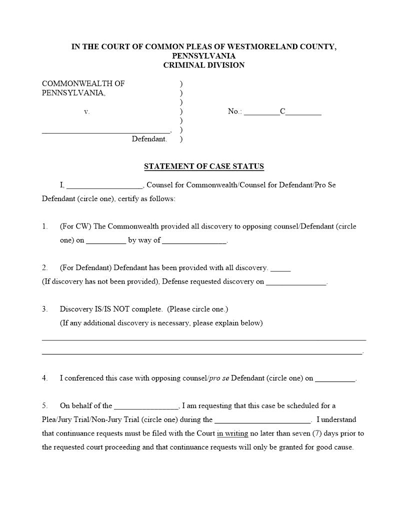 Statement Of Case Status | Pdf Fpdf Docx | Pennsylvania