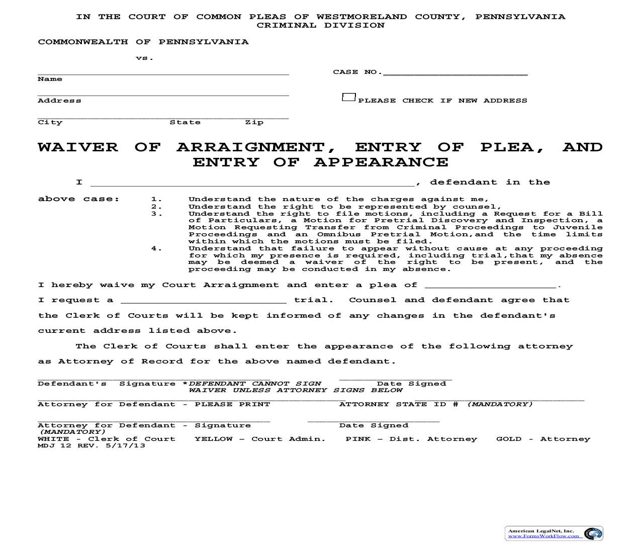Waiver Of Arraignment Entry Of Plea And Entry Of Appearance | Pdf Fpdf Doc Docx | Pennsylvania