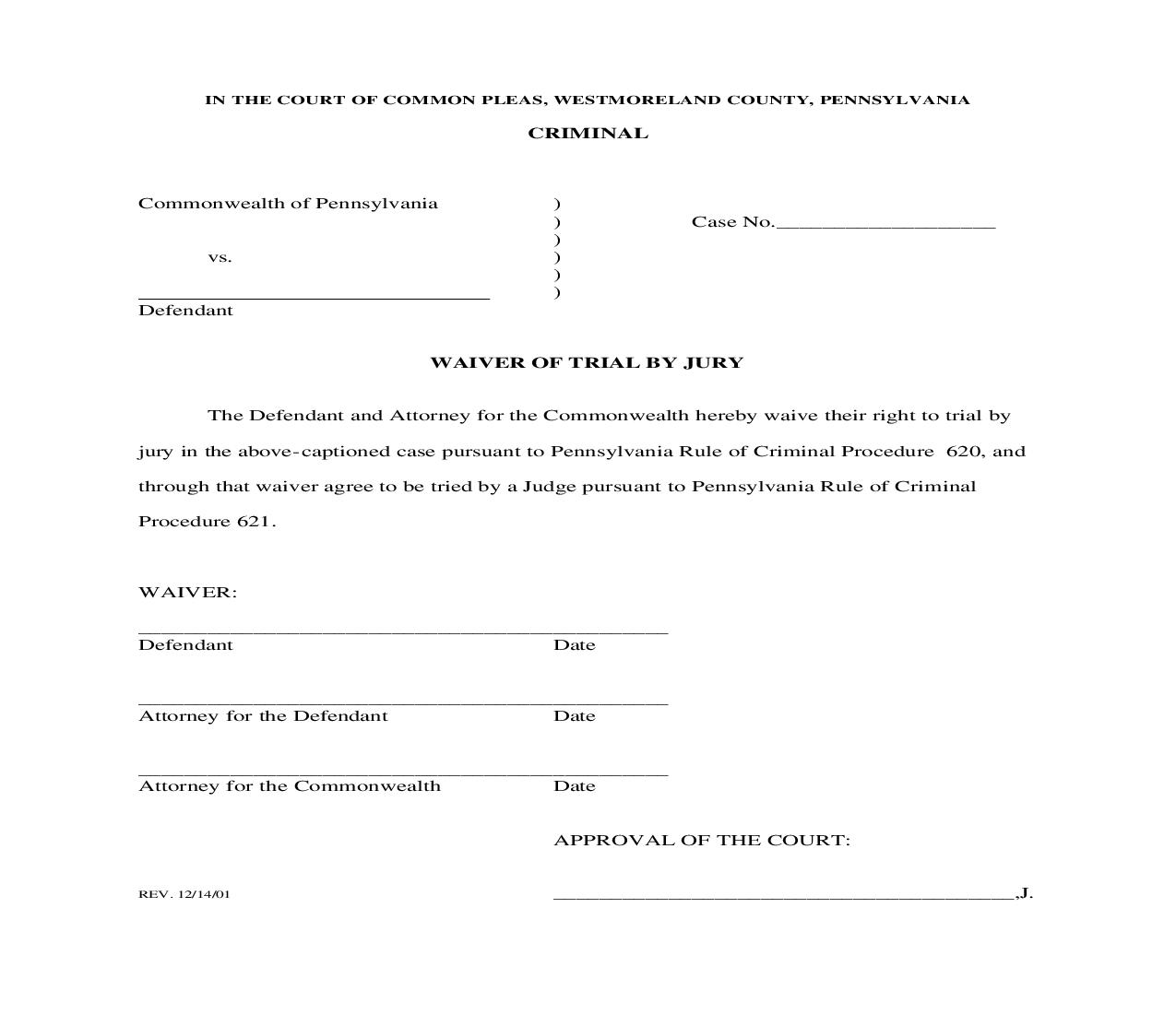 Waiver Of Trial By Jury | Pdf Fpdf Doc Docx | Pennsylvania