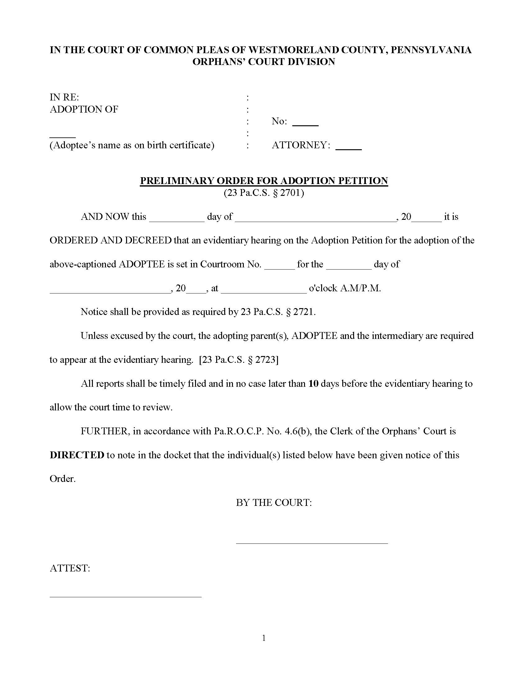 Adoption Petition Packet | Pdf Fpdf Doc Docx | Pennsylvania