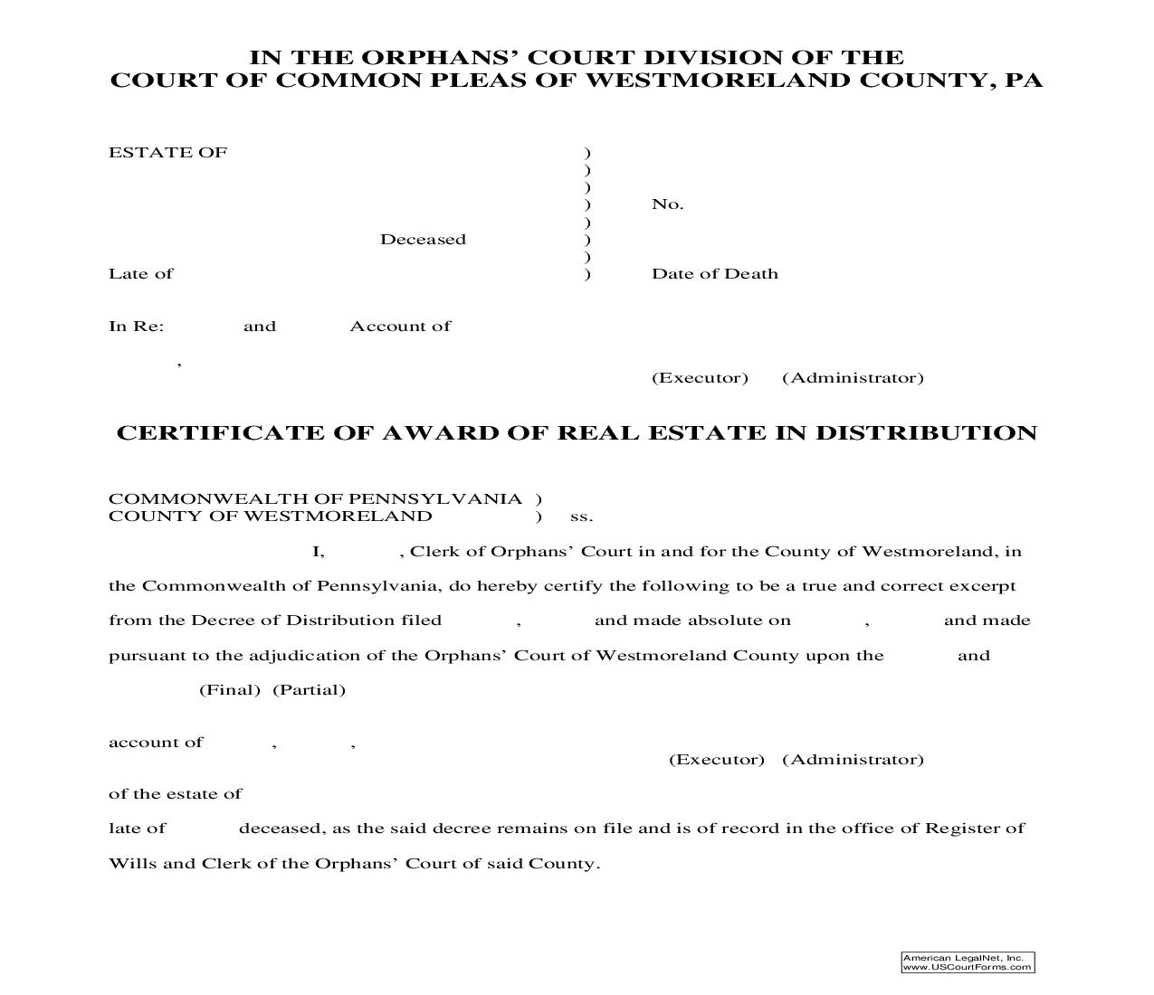 Certificate Of Award Of Real Estate In Distribution | Pdf Fpdf Doc Docx | Pennsylvania