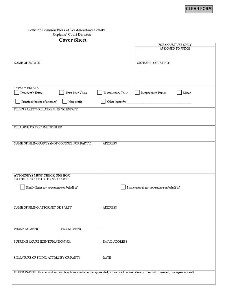 Cover Sheet (Orphans Court) | Pdf Fpdf Docx | Pennsylvania