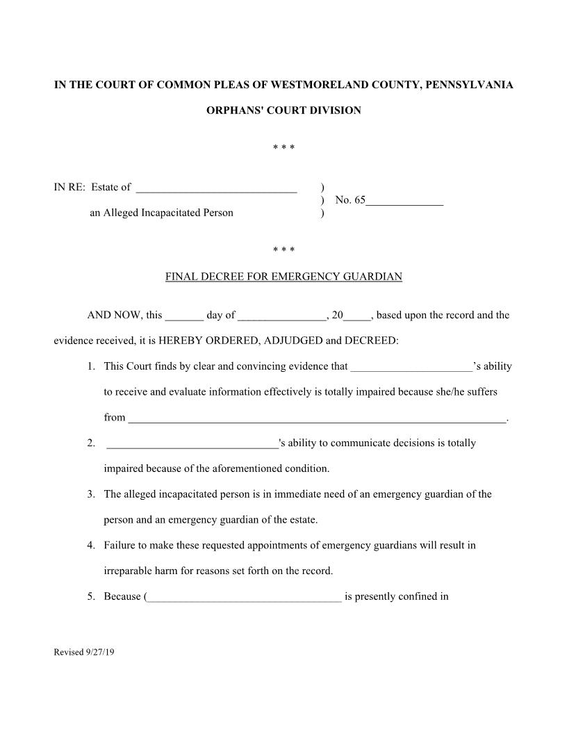 Final Decree For Emergency Guardian | Pdf Fpdf Docx | Pennsylvania
