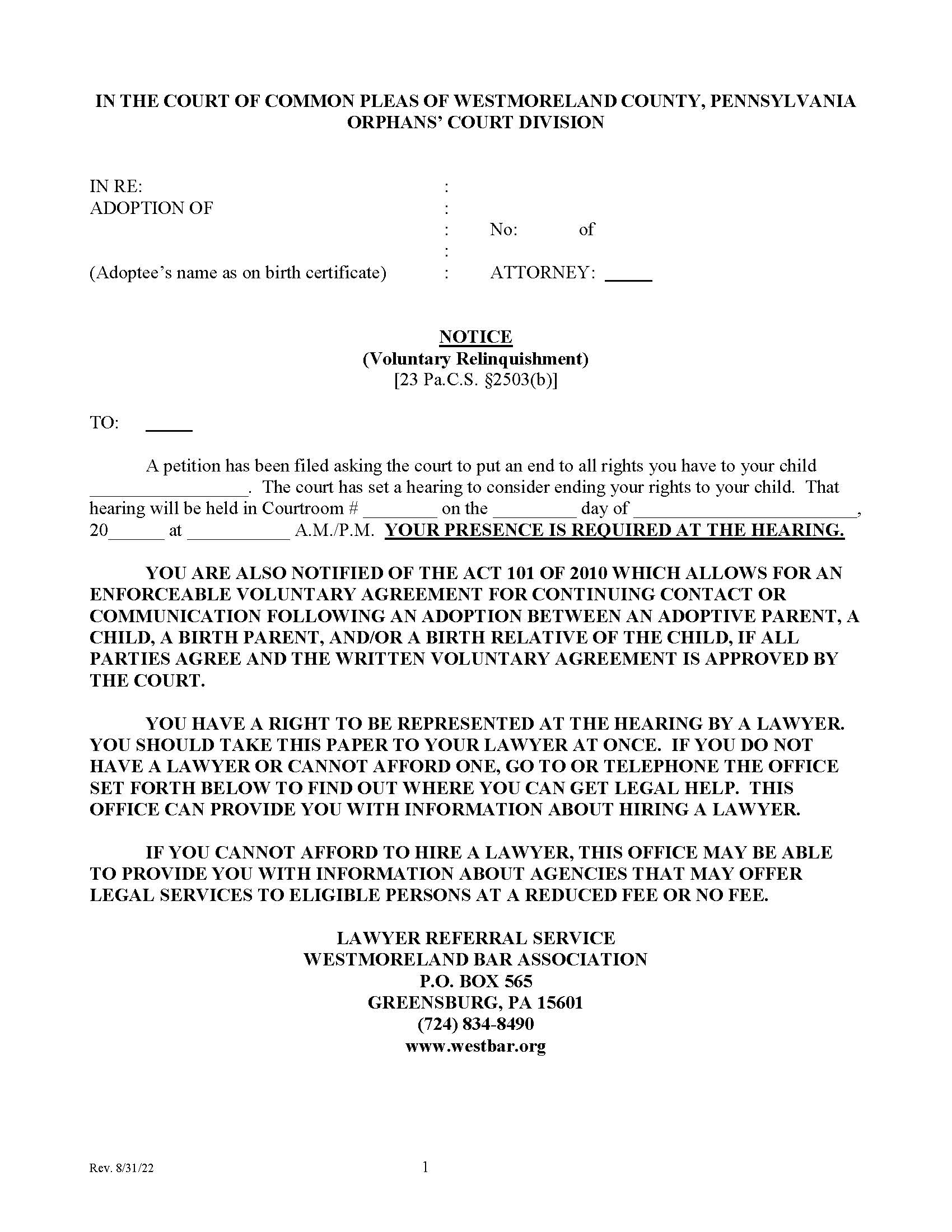 Notice (Voluntary Relinquishment) | Pdf Fpdf Doc Docx | Pennsylvania