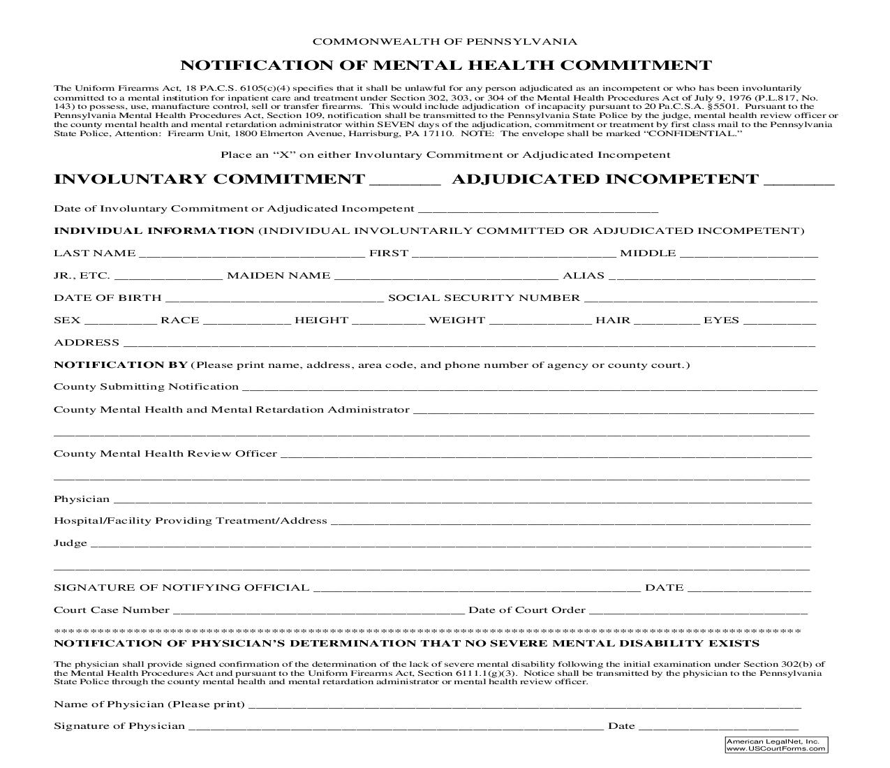 Notification Of Mental Health Commitment | Pdf Fpdf Doc Docx | Pennsylvania