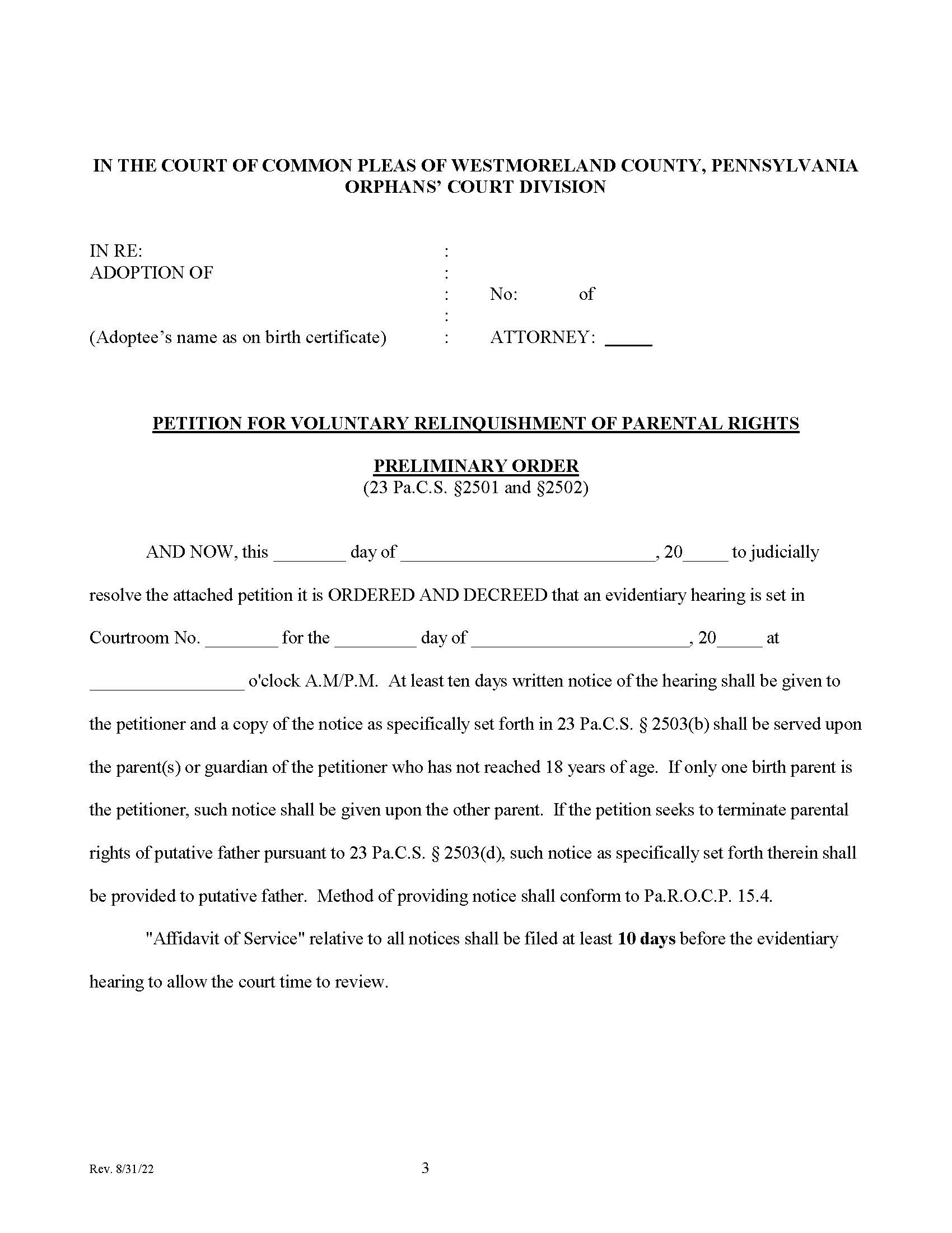 Petition For Voluntary Relinquishment Of Parental Rights (Preliminary Order) | Pdf Fpdf Doc Docx | Pennsylvania