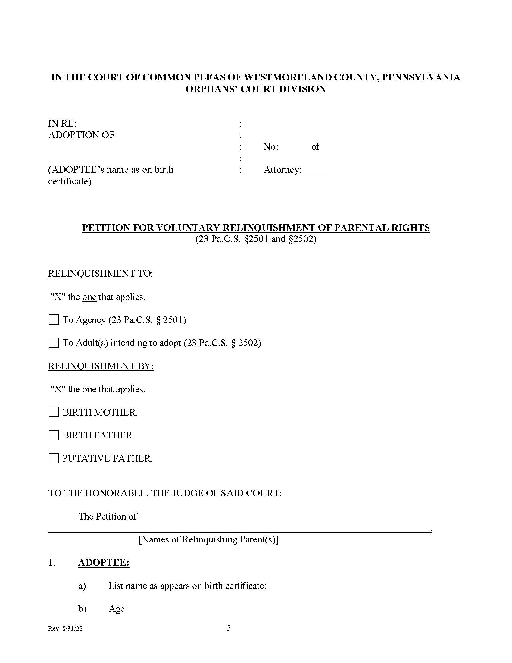 Petition For Voluntary Relinquishment Of Parental Rights | Pdf Fpdf Doc Docx | Pennsylvania