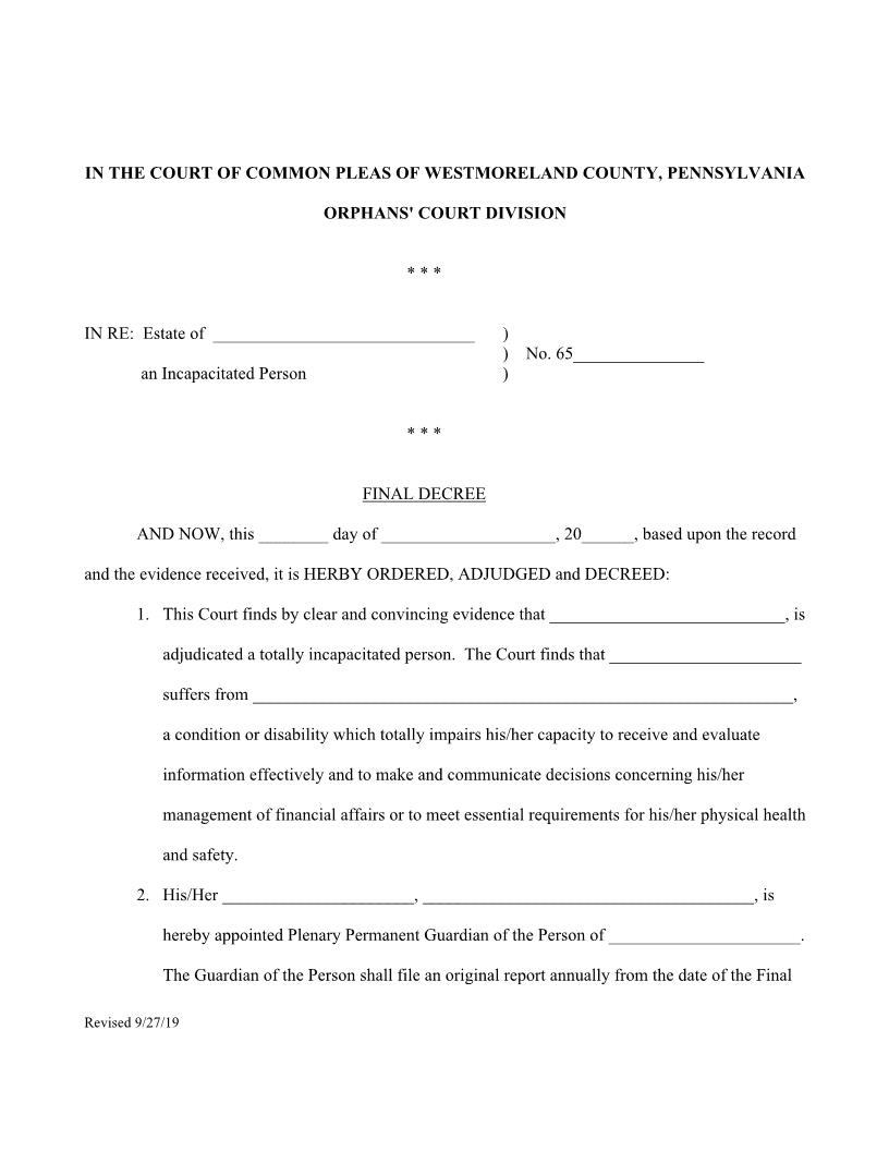 Plenary Guardianship Order | Pdf Fpdf Docx | Pennsylvania